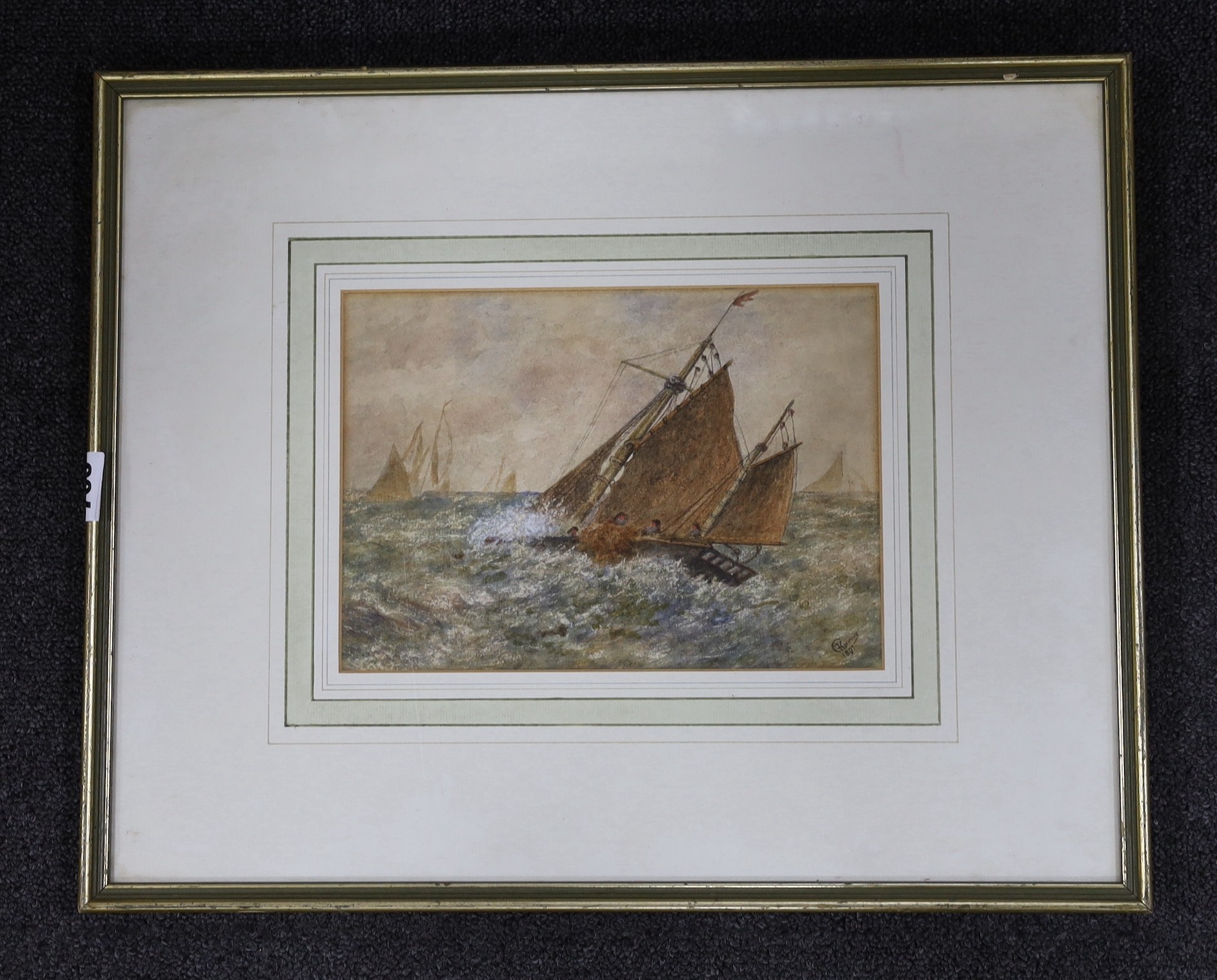 CK, 1897, watercolour, Fishing boat in a rough sea, signed and dated, 17 x 24cm.